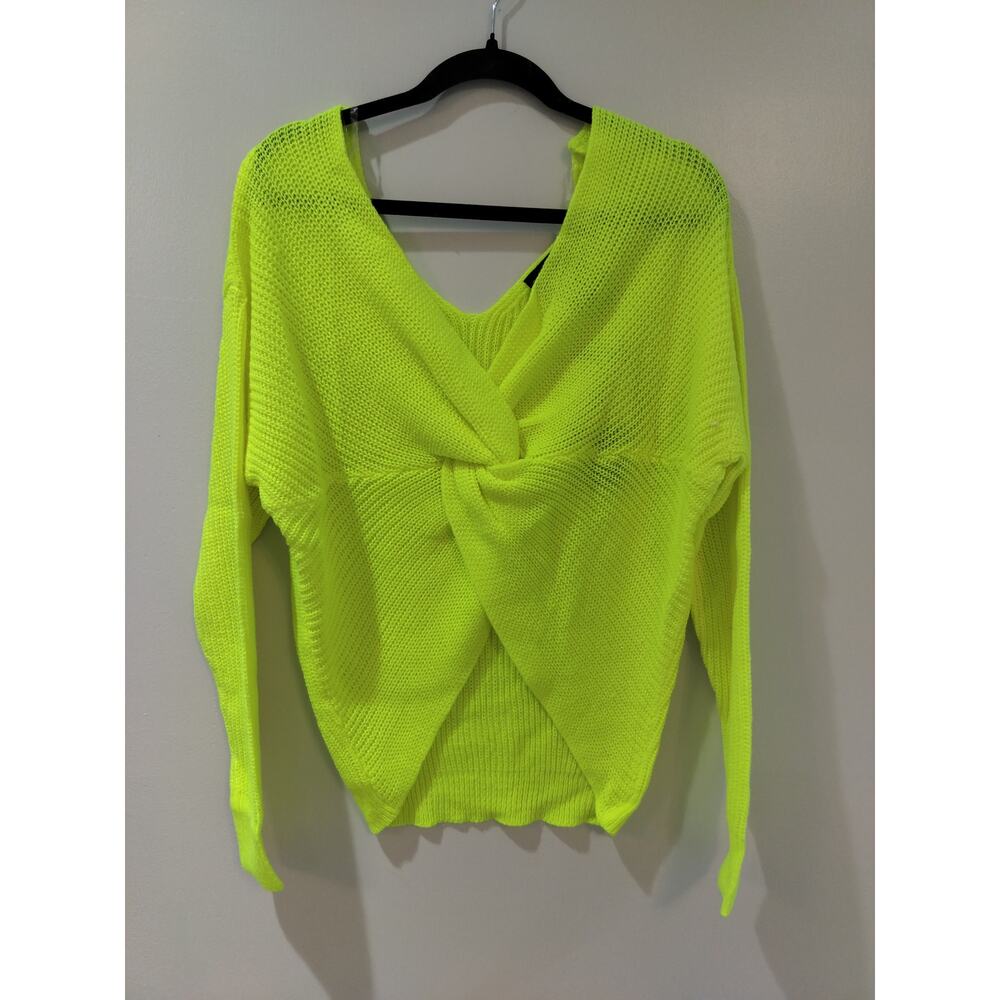 Polly & Esther Neon Green Twist Front Knit Sweater V-Neck Long Sleeve M